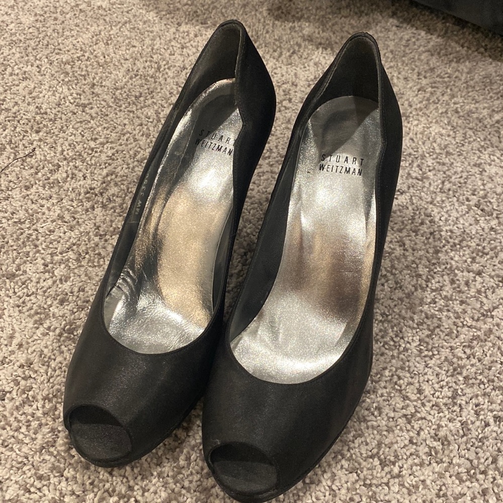 stuart weitzman gently worn peep toe black satin pumps